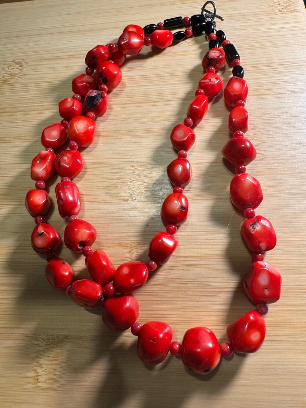 Vintage DBL Strand Red Coral Chunky Organic Necklace